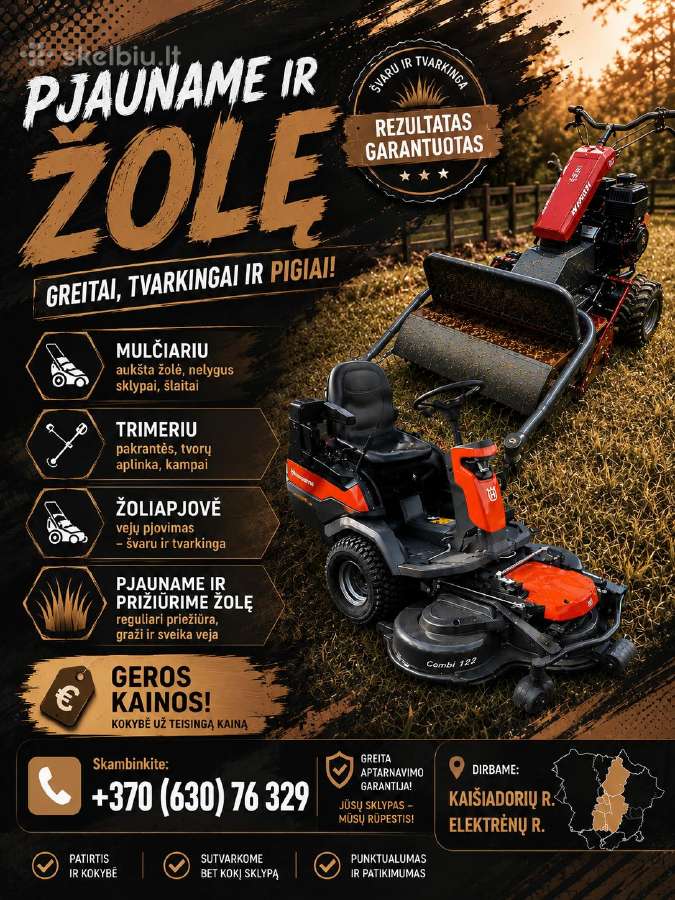 Žolės pjovimas, Mulčiariu, Trimeriu, Traktoriuku