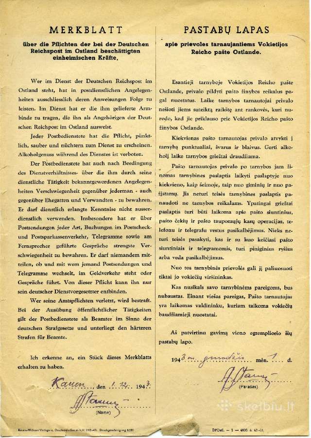 Retas Ostland dokumentas Kaunas 1943 Reicho paštas