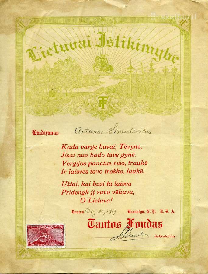 1919 Tautos fondo dokumentas +aukų rinkimo ženklas - nuotraukos Nr. 2