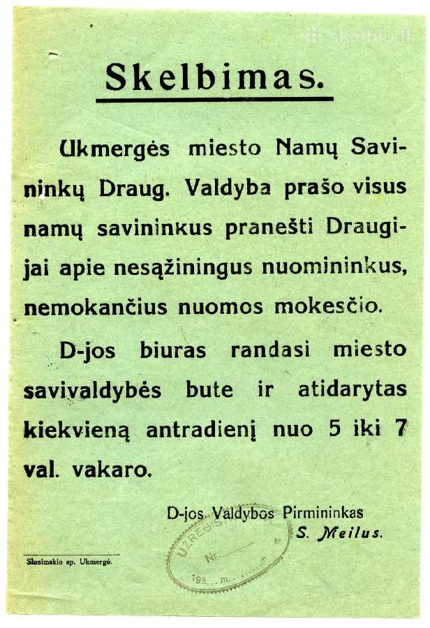 1930 skelbimas nesąžiningi nuomininkai Ukmergė