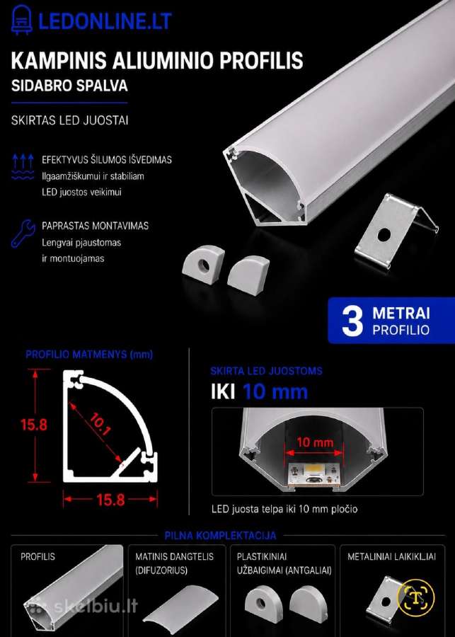 LED aliuminio profiliai 3m pilna komplektacija - nuotraukos Nr. 2