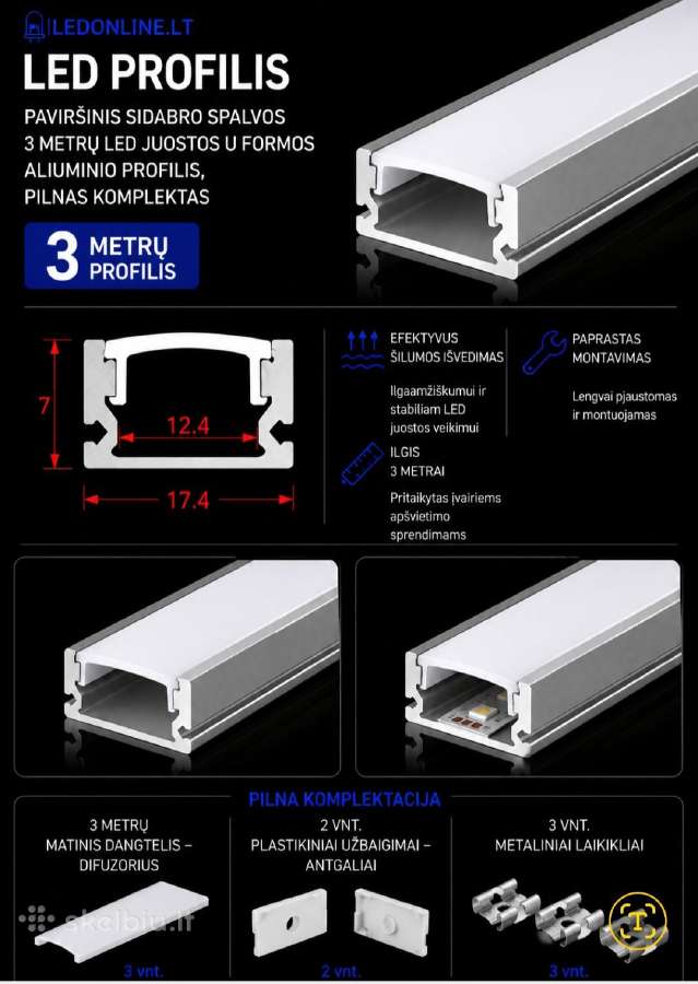 LED aliuminio profiliai 3m pilna komplektacija