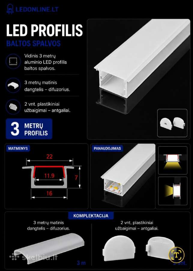 LED aliuminio profiliai 3m pilna komplektacija - nuotraukos Nr. 3