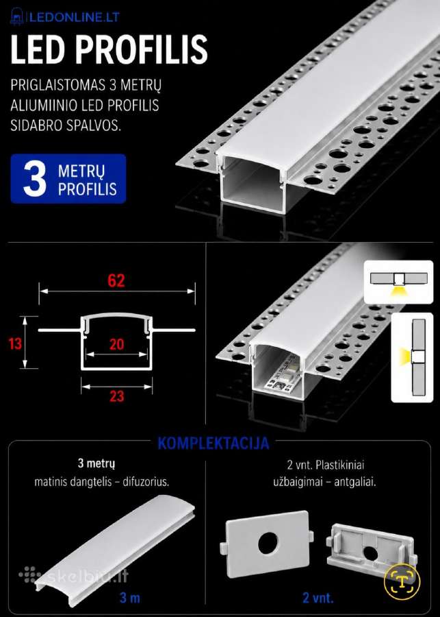 LED aliuminio profiliai 3m pilna komplektacija - nuotraukos Nr. 4