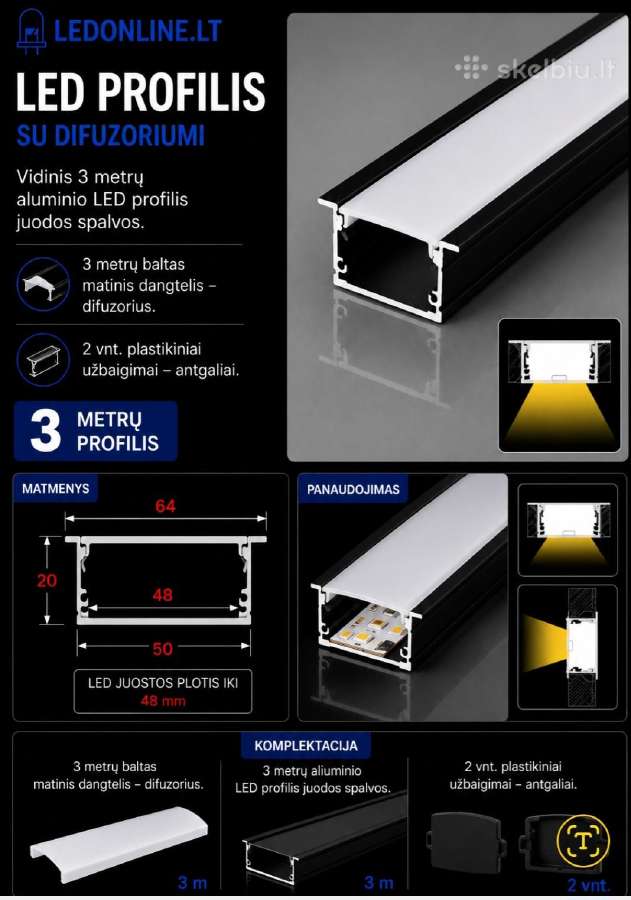 LED aliuminio profiliai 3m pilna komplektacija - nuotraukos Nr. 5