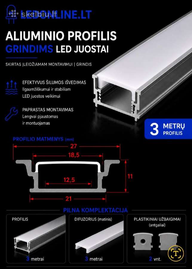 LED aliuminio profiliai 3m pilna komplektacija - nuotraukos Nr. 6