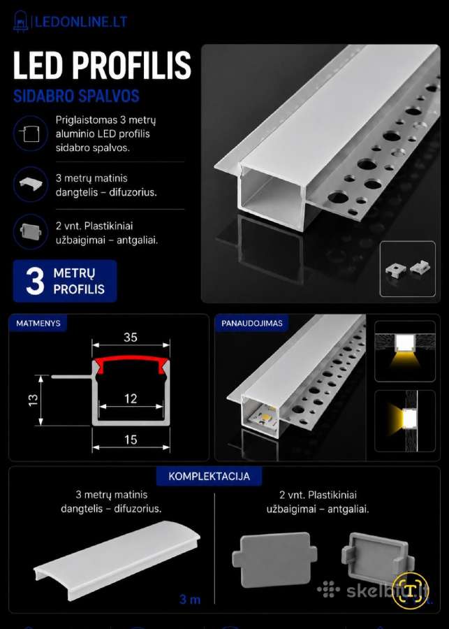 LED aliuminio profiliai 3m pilna komplektacija - nuotraukos Nr. 7
