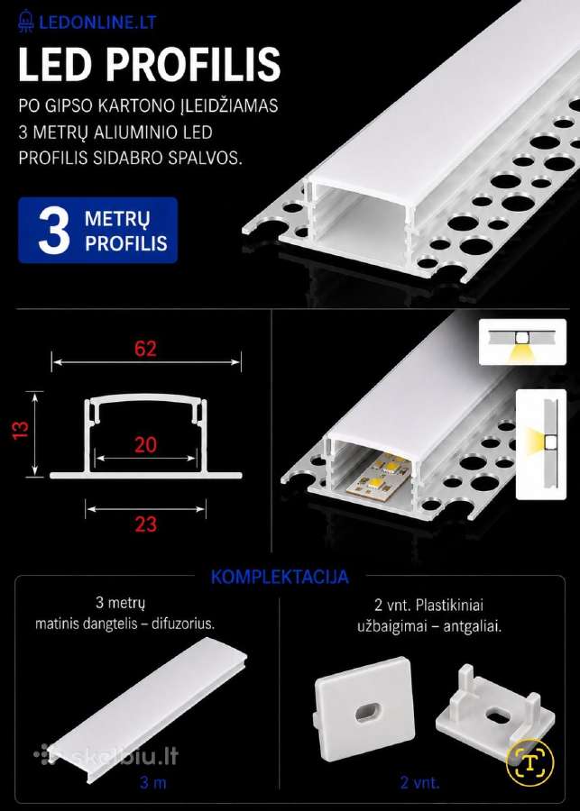 LED aliuminio profiliai 3m pilna komplektacija - nuotraukos Nr. 8