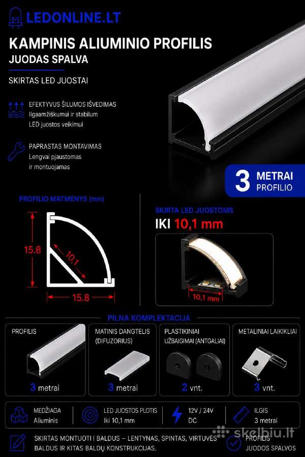 Kampiniai LED profiliai 3m su difuzoriumi Pilnas - nuotraukos Nr. 2