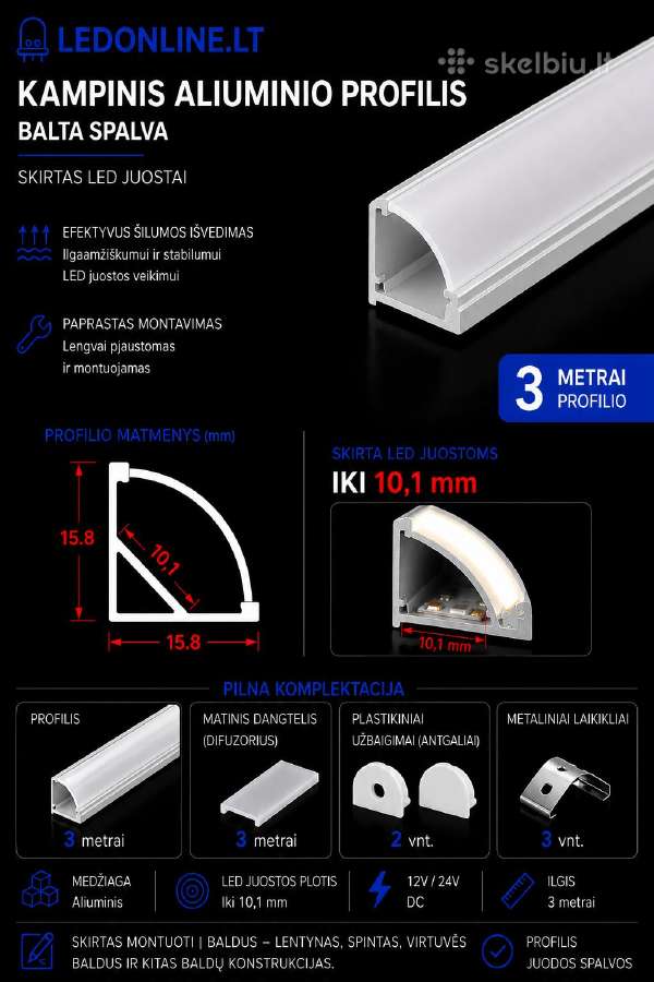 Kampiniai LED profiliai 3m su difuzoriumi Pilnas - nuotraukos Nr. 3