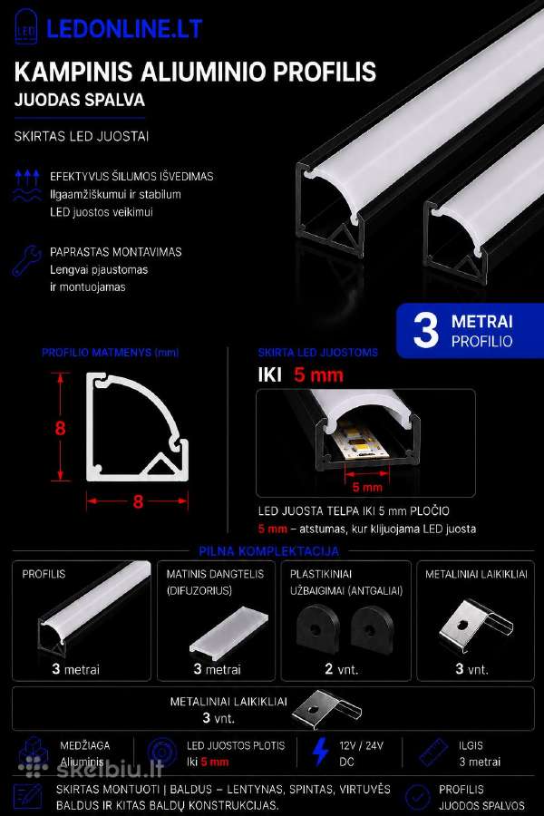 Kampiniai LED profiliai 3m su difuzoriumi Pilnas - nuotraukos Nr. 4