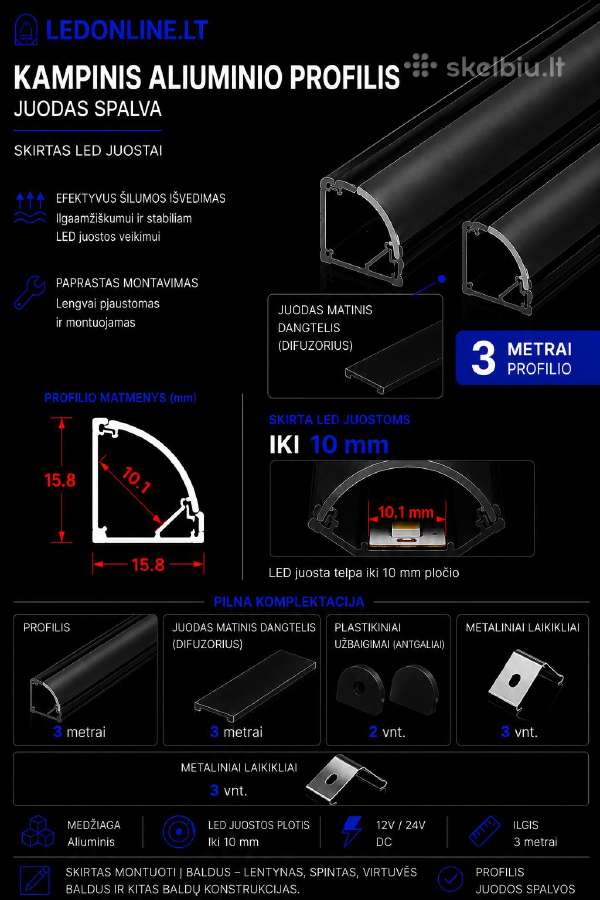 Kampiniai LED profiliai 3m su difuzoriumi Pilnas - nuotraukos Nr. 5