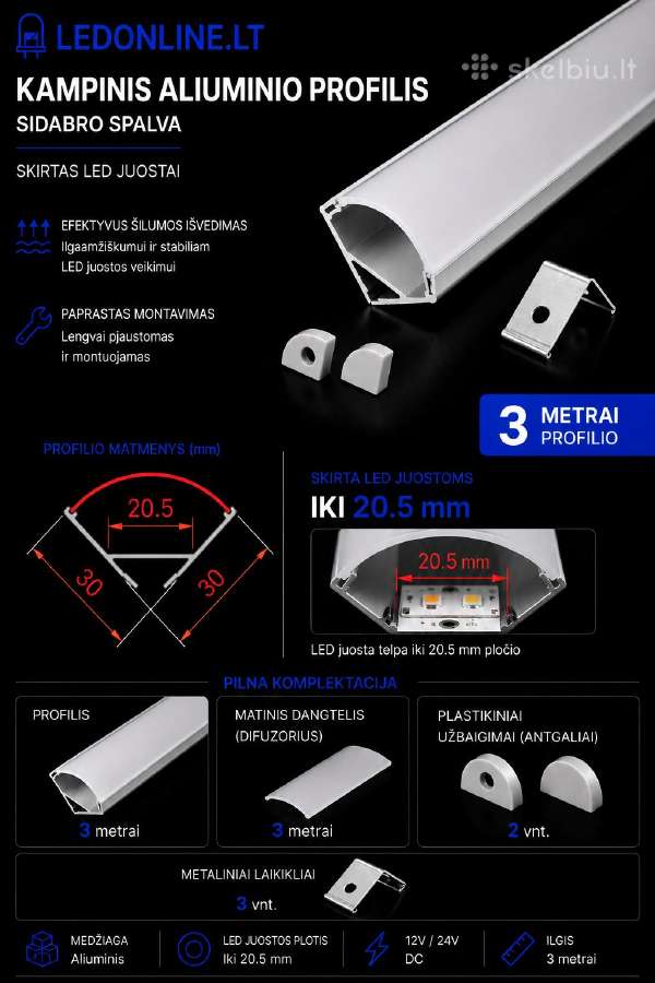 Kampiniai LED profiliai 3m su difuzoriumi Pilnas - nuotraukos Nr. 6