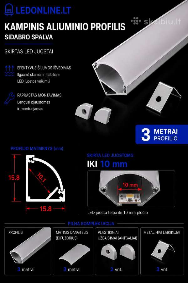Kampiniai LED profiliai 3m su difuzoriumi Pilnas - nuotraukos Nr. 7