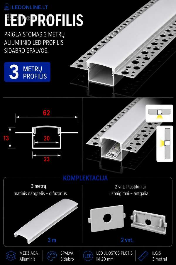 Priglaistomi LED profiliai 3m Aliuminio profilia