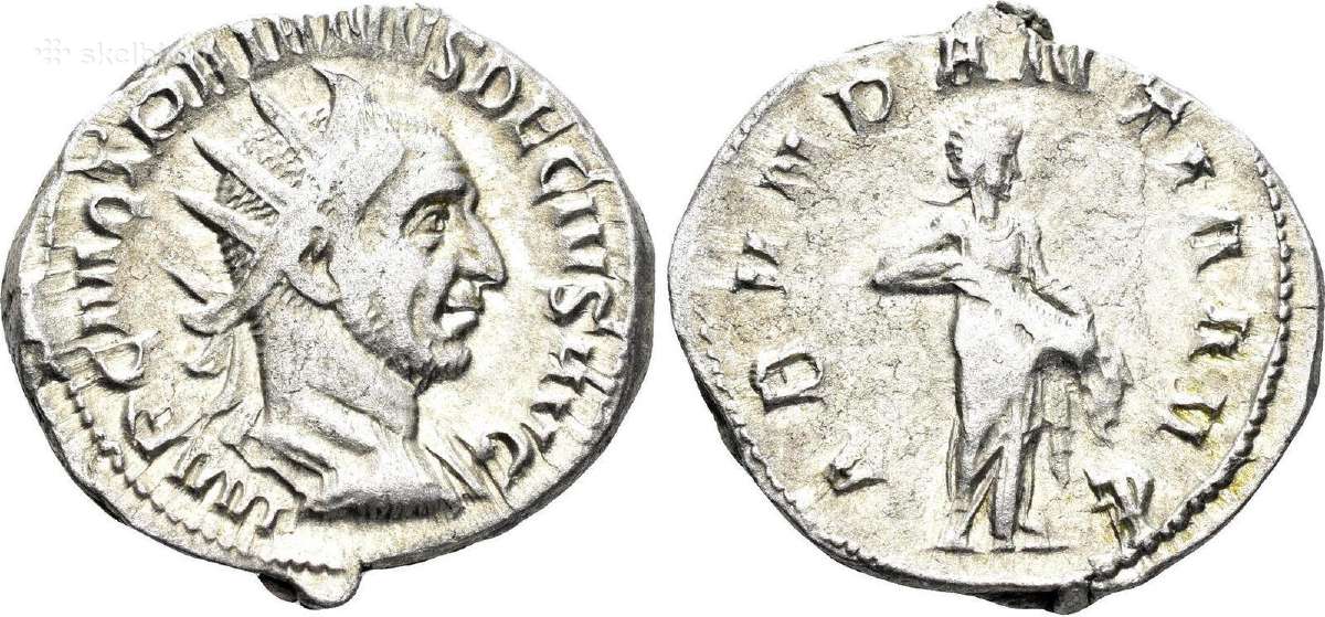 Sidabrinė Romos imperijos moneta, 250 m. po Kr.