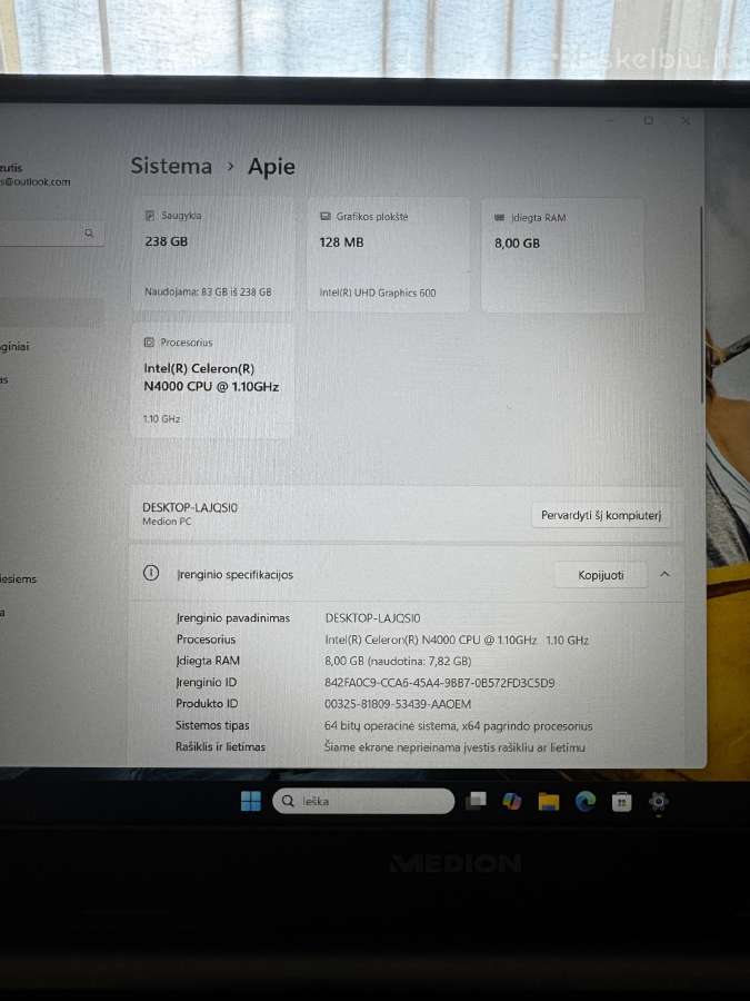 Medion SSD 238gb RAM 8gb - nuotraukos Nr. 2