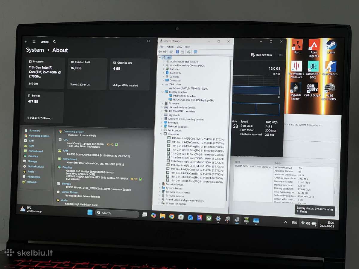 Parduodamas Msi Gf63 su Rtx 3050, I5-11k, 144hz. - nuotraukos Nr. 8