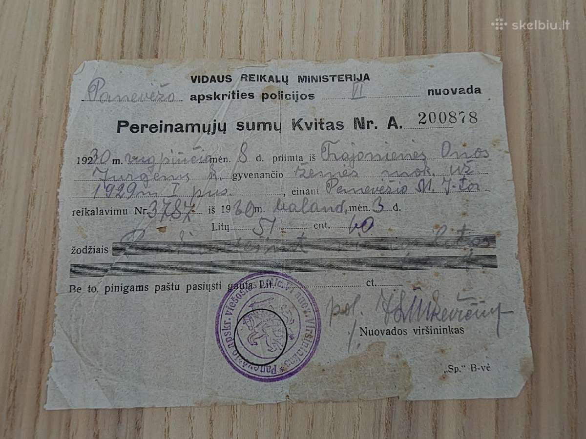 Vrm Panevėžio aps. pereinamųjų sumų kvitas 1930