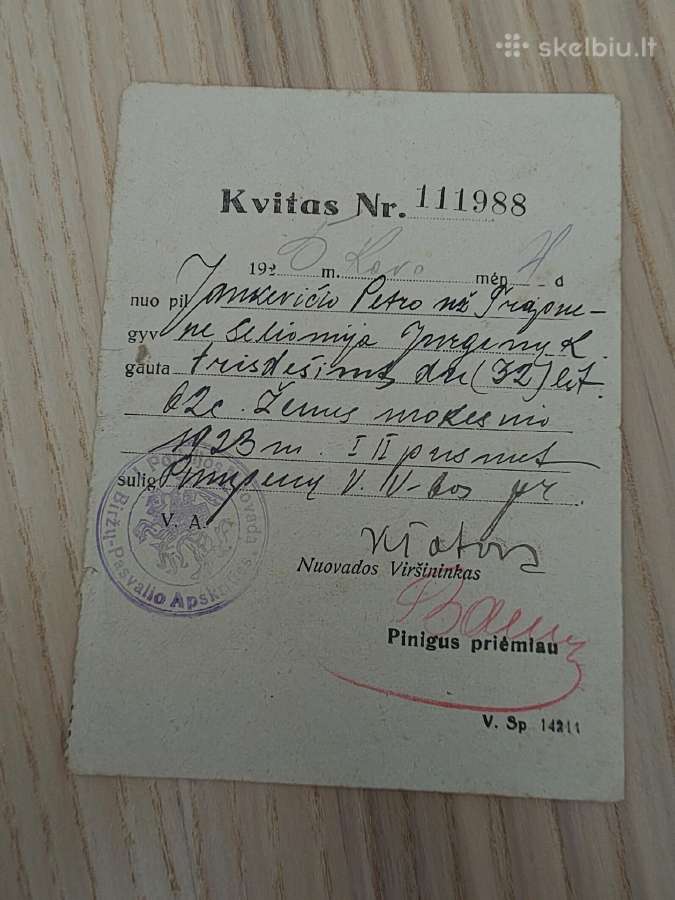 Žemės mokesčio kvitas. 1923 2 pusmetis - nuotraukos Nr. 2