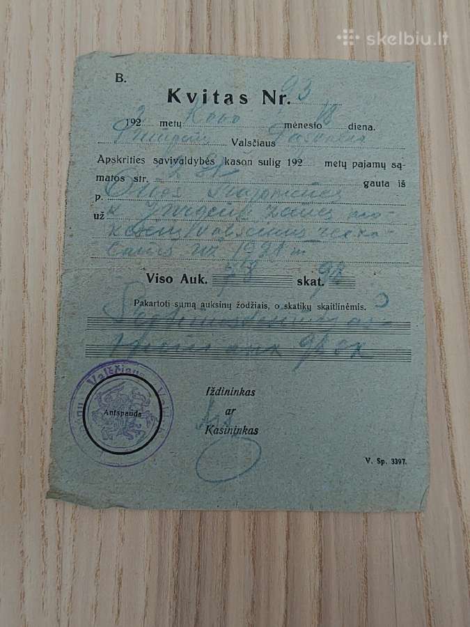 Kvitas apmokėtas auksinais. 1922