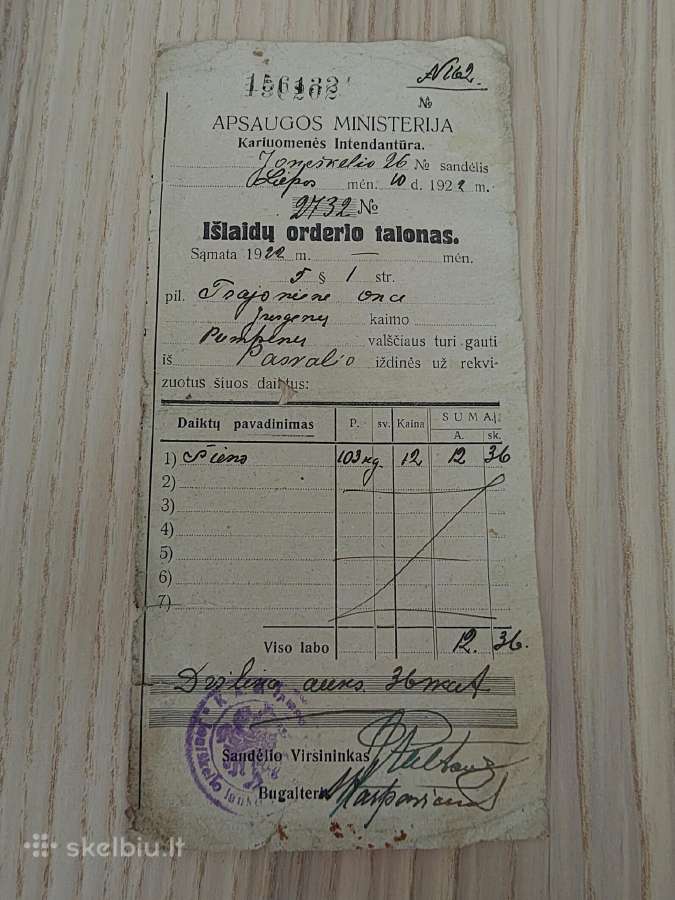 Kariuomenės išlaidų orderis už šieną. 1922