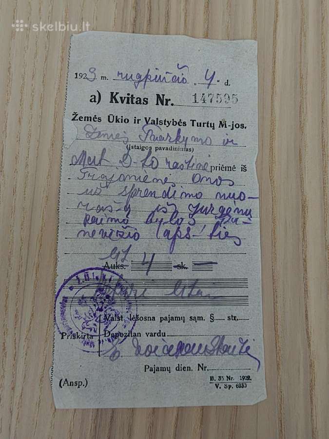 Panevėžio apskritis. Kvitas. 1923