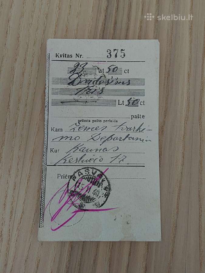 Žemės tvarkymo kvitas. Pasvalys. 1940