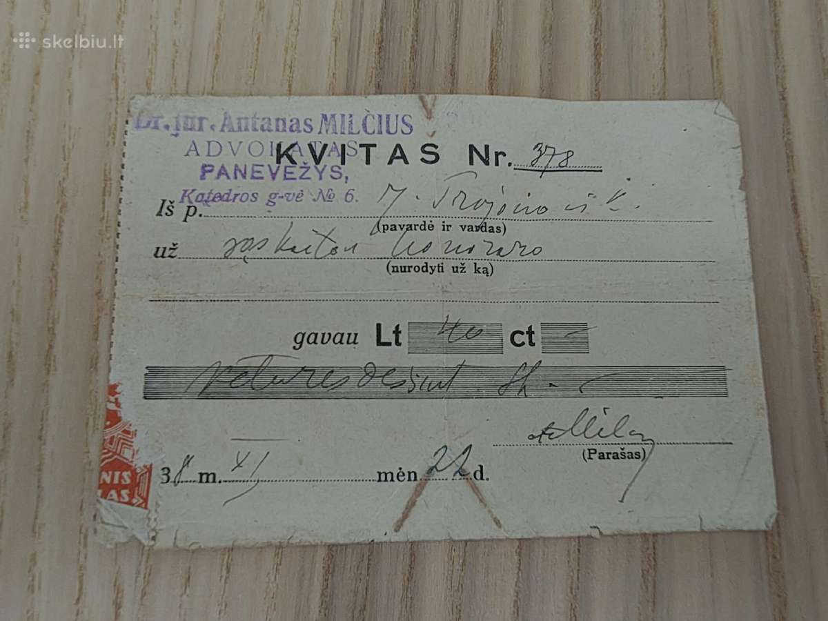 Advokato Antano Milčiaus kvitas. 1938. Panevėžys