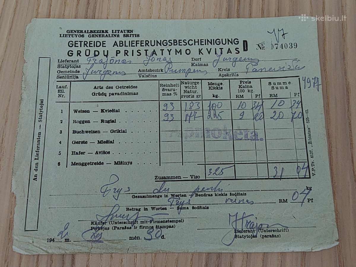 Grūdų pristatymo kvitas. 1942. Pumpėnų valsčius