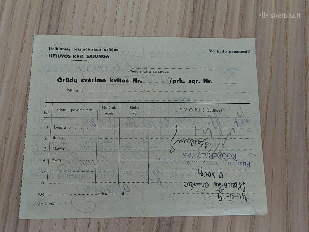 Grūdų svėrimo kvitas. Išduota druska.