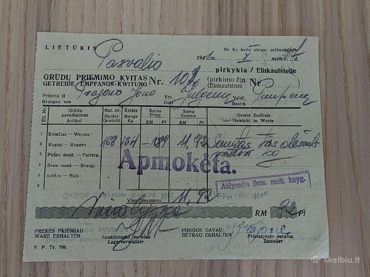 Grūdų priėmimo kvitas. 1941. Pasvalio pirkykla