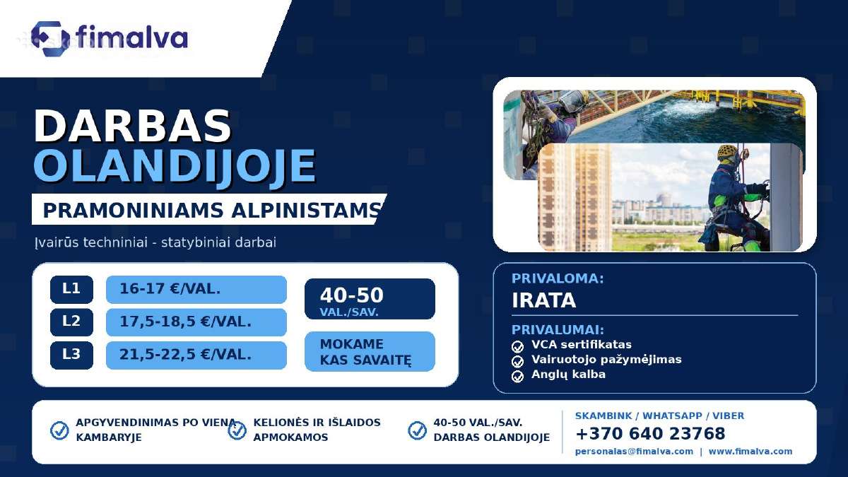 Pramoniniai alpinistai Olandijoje 16-22,5 €/val.