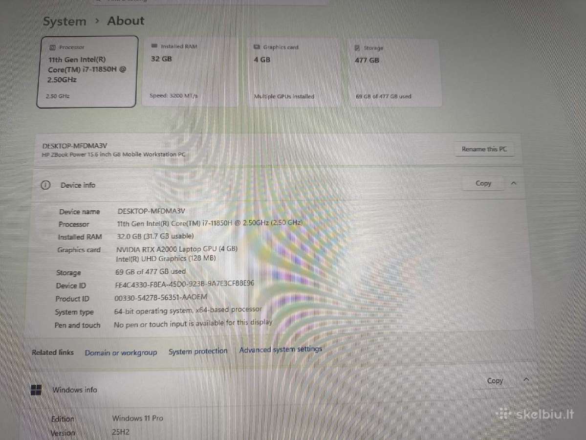Hp i7-11850h 32gb 512gb Rtx A2000 4gb 29% C Grade - nuotraukos Nr. 6
