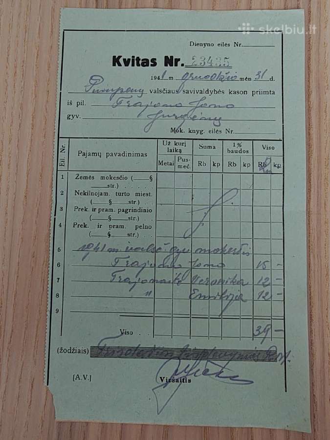 Lietūkis. Grūdų priėmimo kvitas. 1942. Pasvalys