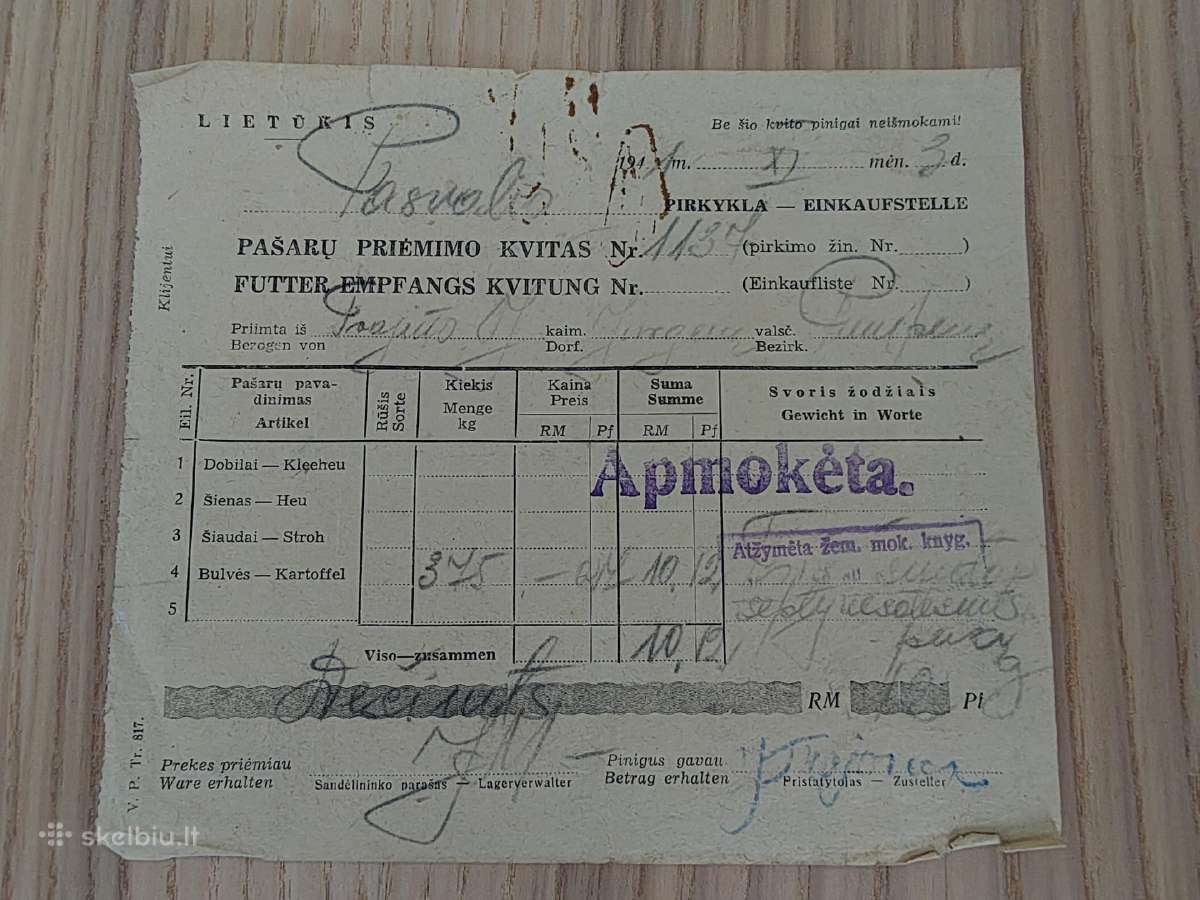 Lietūkis. Pašarų priėmimo kvitas. 1941. Pasvalys