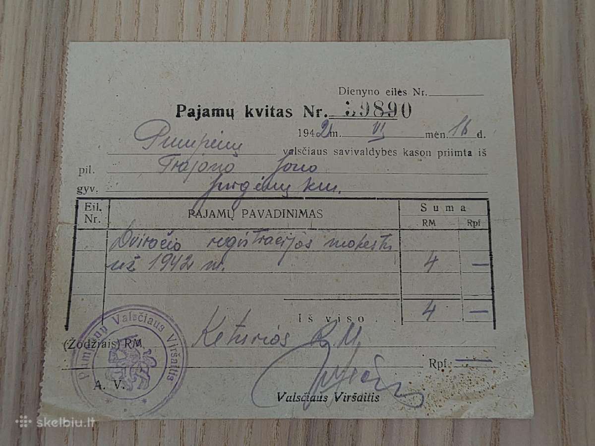 Pajamų kvitas. 19a1. Dviračio registracija
