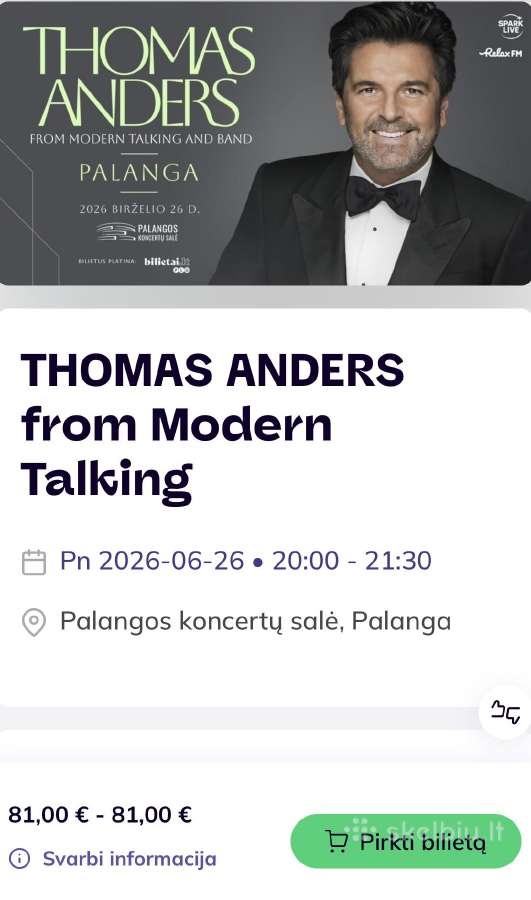 6 bilietai pigiau į Thomas Anders koncertą Palanga