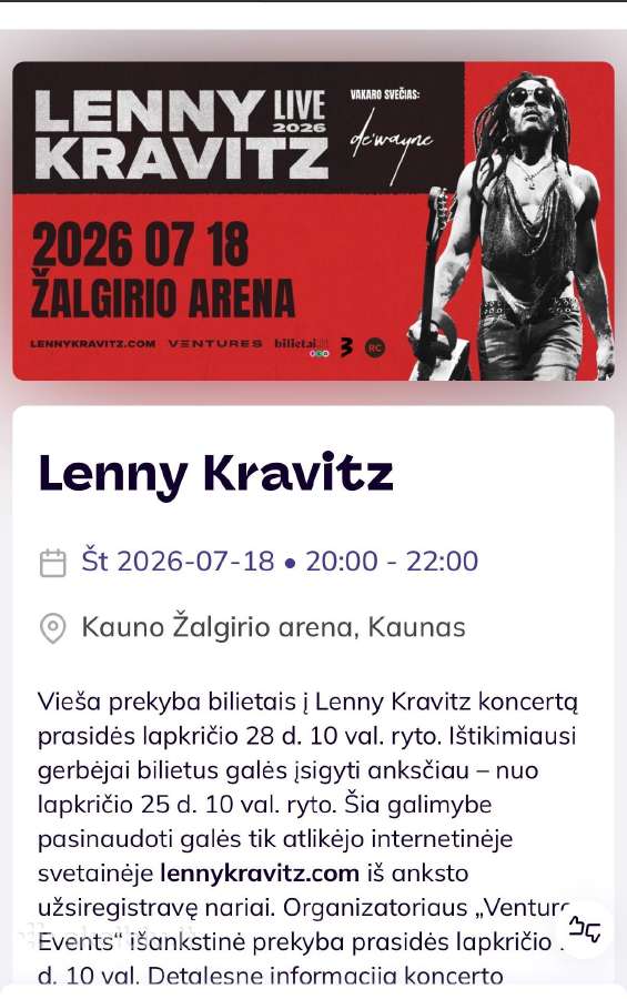 Bilietai Lenny Kravitz 2vnt