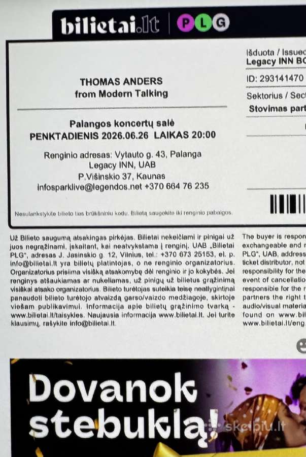 2 bilietai į Thomas Anders koncerta Palangoje