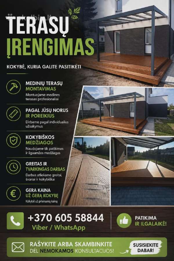 Terasos įrengimas, montavimas Vilnius- Vilniaus r.