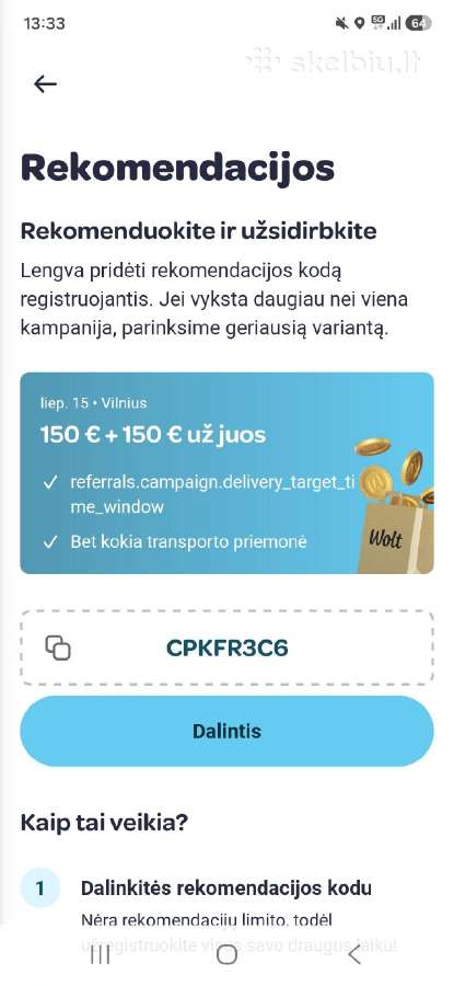 Wolt registracijos premijos kodas cpkfr3c6