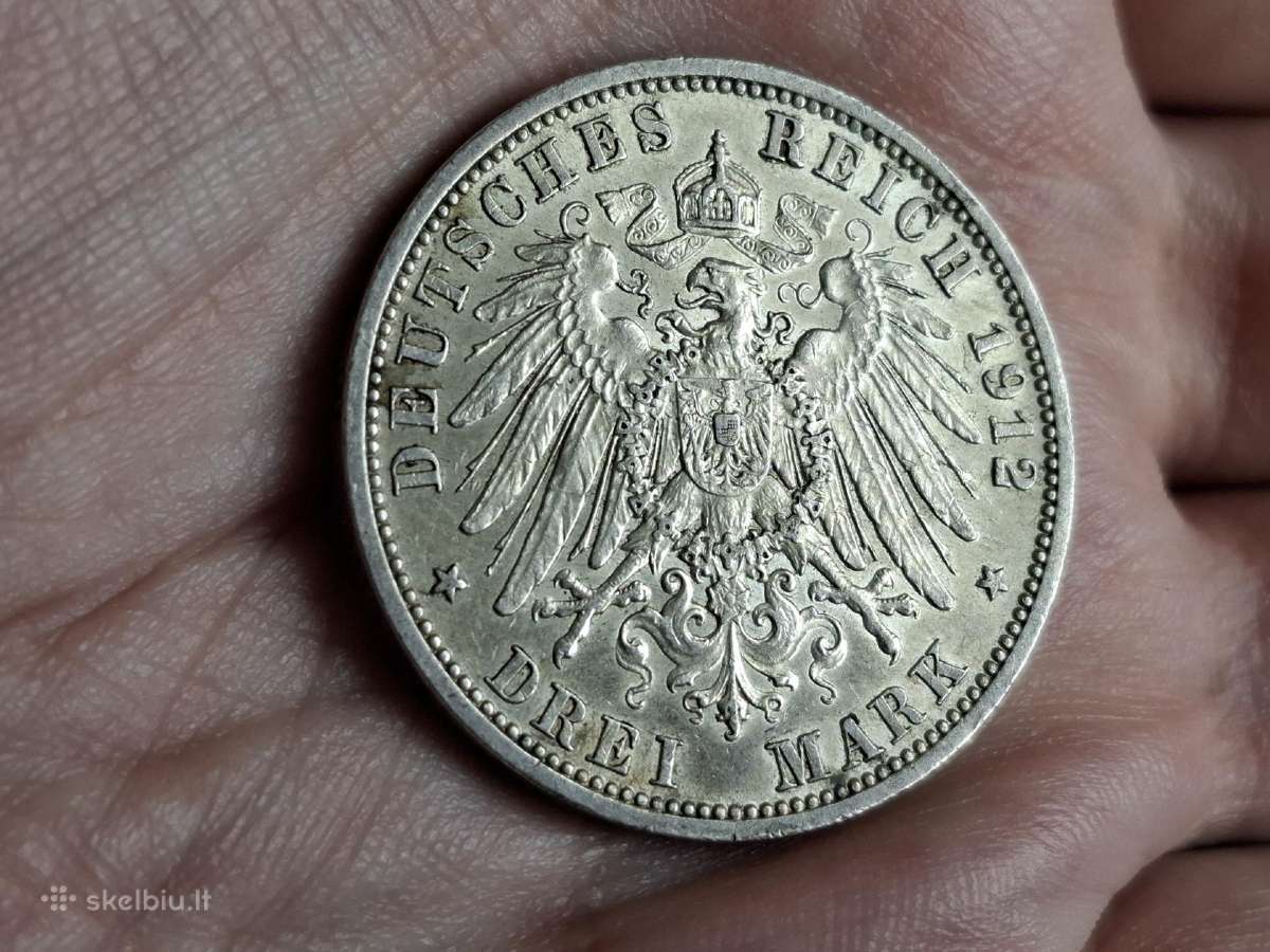 Prūsija 3 mark 1912 sidabras