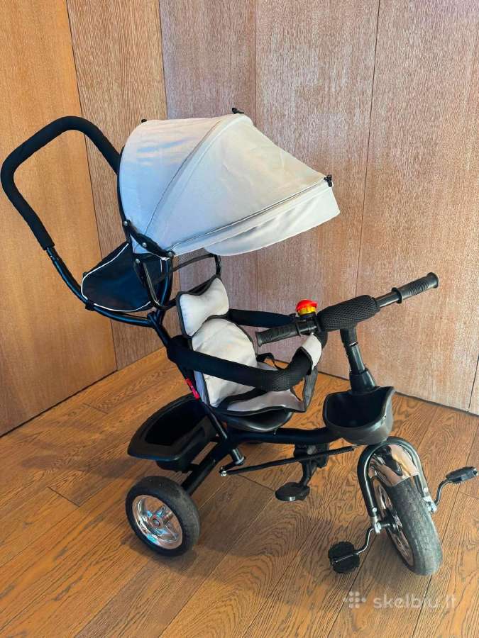 Vaikiškas triratukas su stumimo rankena ir stogeli
