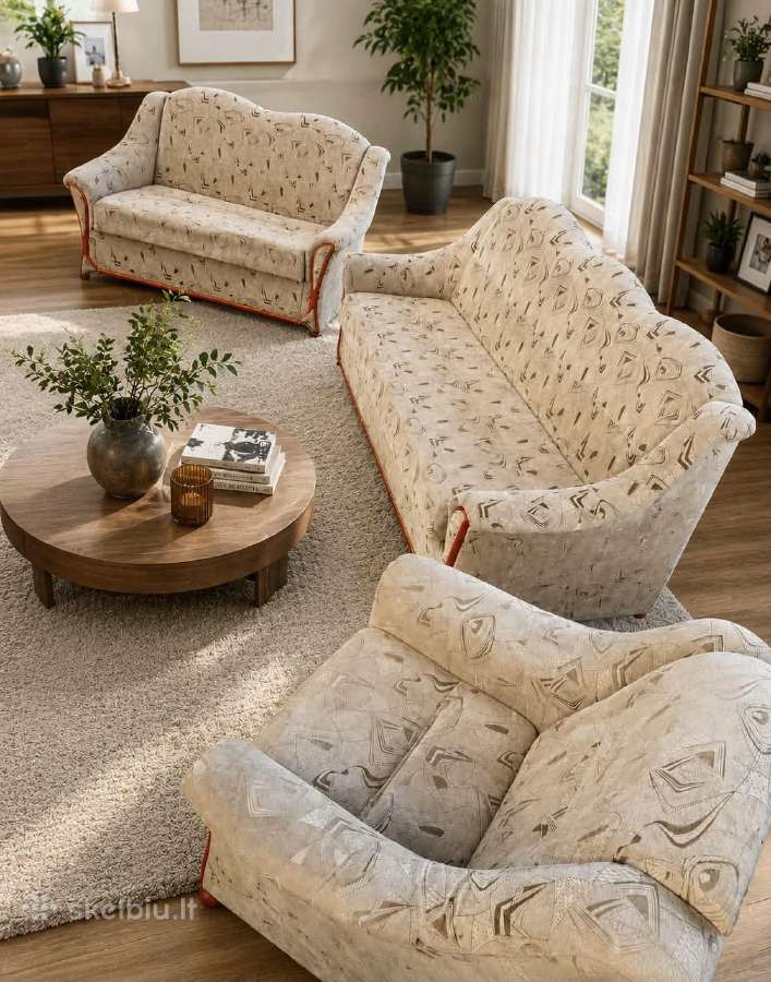 Minkštų baldų komplektas 3+2+1 sofa–lova + fotelis