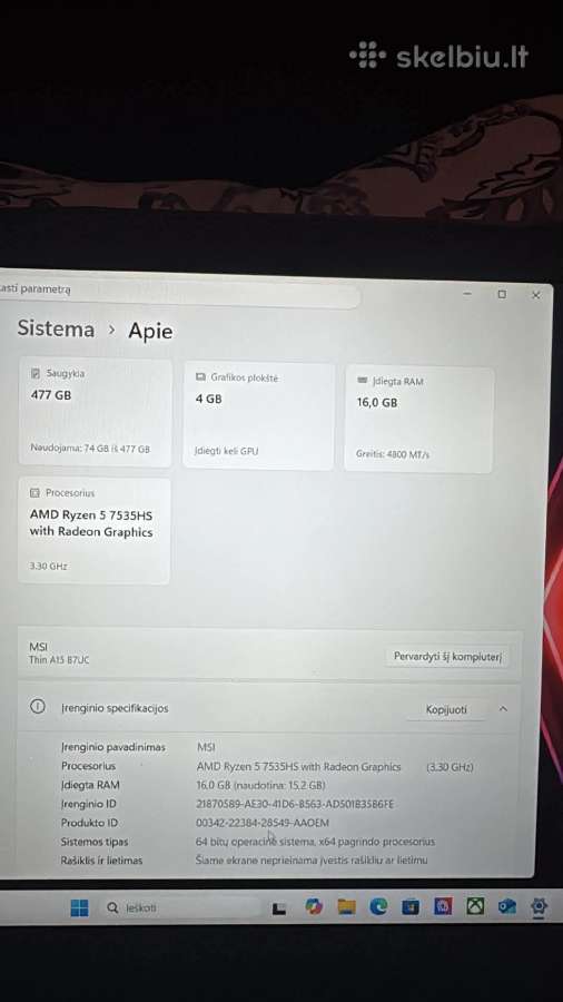Msi thin a15 b7uc 15.6 kompiuteris. - nuotraukos Nr. 5