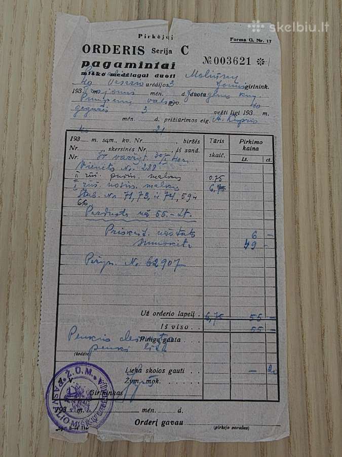 Orderis pagamintai miško medžiagai duoti. 1940