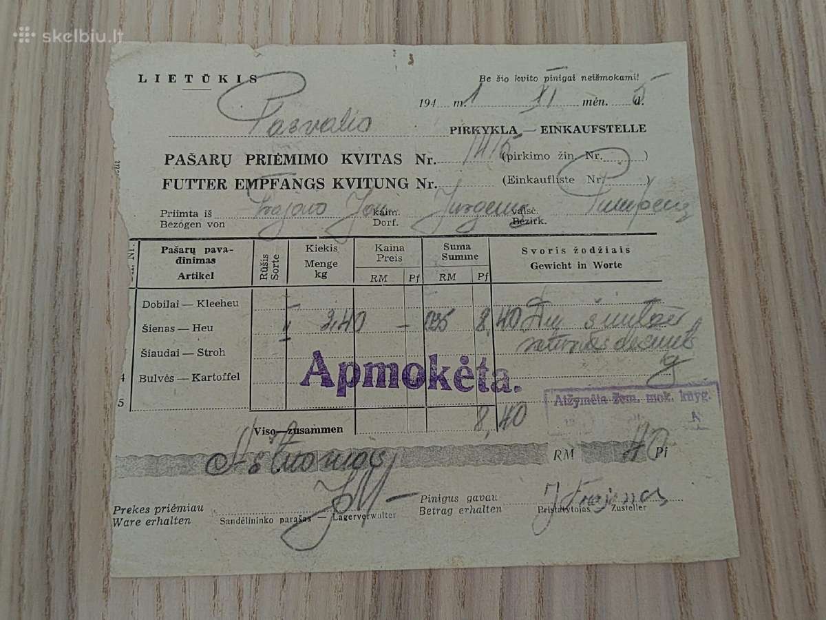 Lietūkis. Pašarų priėmimo kvitas. 1941