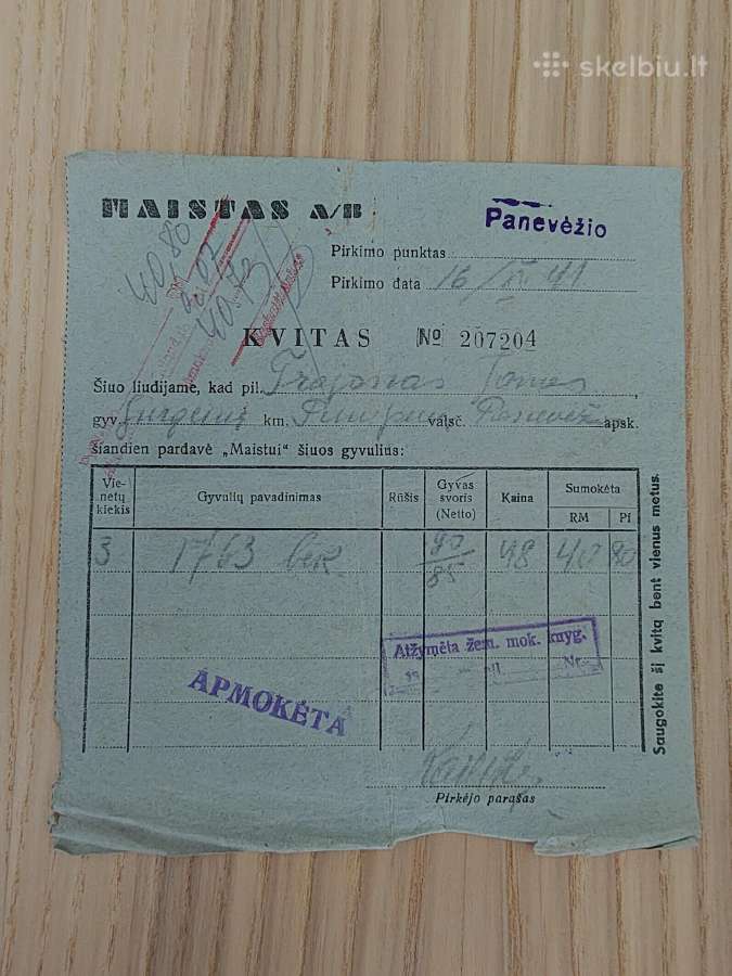 Ab maistas. Gyvulių pardavimo kvitas. 1941.
