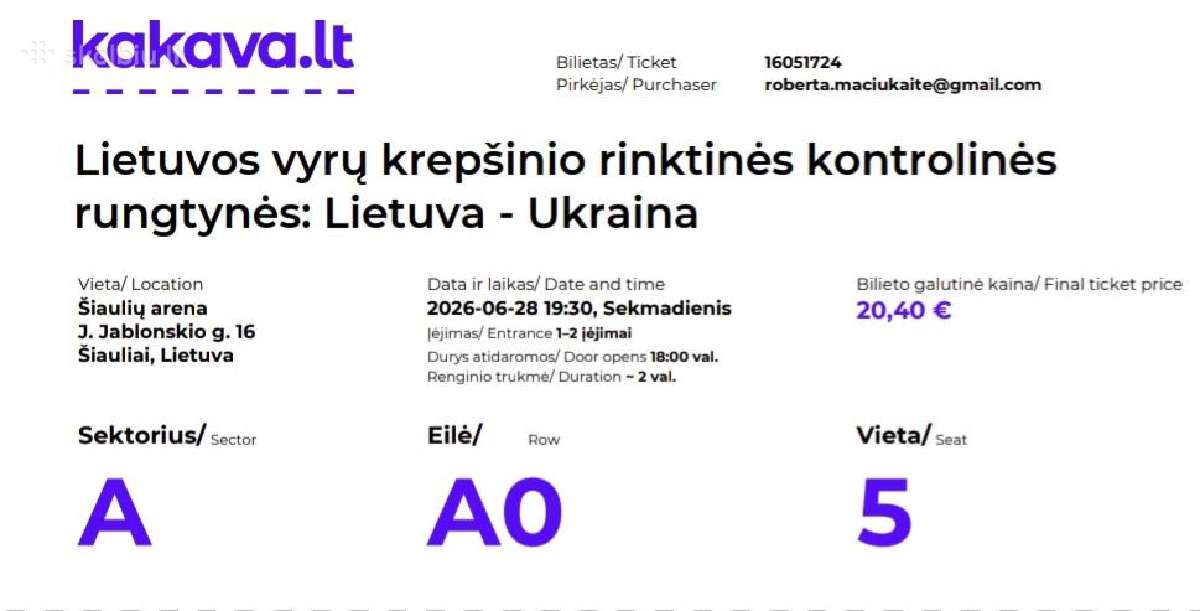 3 bilietai į krepšinio rungtynes Šiauliuose